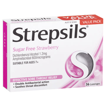 Strepsils Sugar Free Strawberry Lozenges Sore Throat Relief Antibacteria 36 Pack