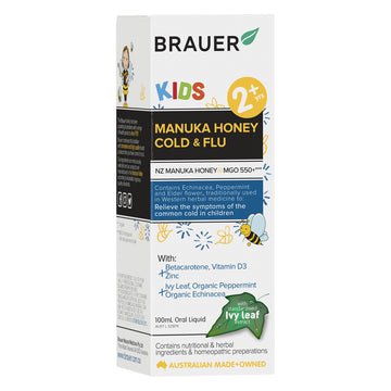 Brauer Kids Manuka Honey Cold & Flu Oral Liquid 2 Years+ Fever Aches Pain 100mL