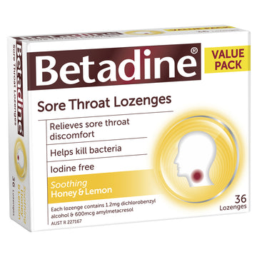 Betadine Sore Throat Lozenges Honey & Lemon Flavour Antibacterial Agent 36 Pack