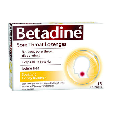 Betadine Sore Throat Lozenges Honey & Lemon Flavour Antibacterial Agent 16 Pack