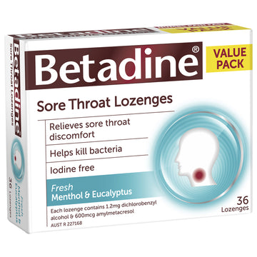 Betadine Sore Throat Lozenges Menthol & Eucalyptus Flavour Antibacterial 36 Pack