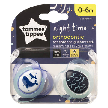 Tommee Tippee Orthodontic Soother Night Time 0-6 Months Dummies Pacifier 2 Pack