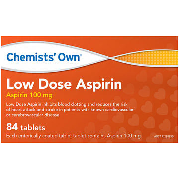 Chemists' Own Low Dose Aspirin Inhibits Blood Clotting Enteric Coated 84 Tabs