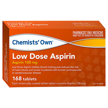 Chemists' Own Low Dose Aspirin Inhibits Blood Clotting Enteric Coated 168 Tabs