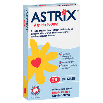 Astrix Aspirin 100mg 28 Capsules Enteric Coated Prevent Heart Attacks Strokes