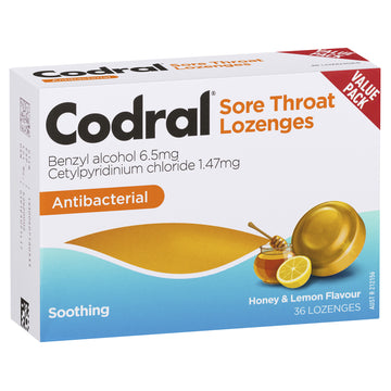 Codral Sore Throat Lozenges Antibacterial Soothing Honey & Lemon Flavour 36 Pack