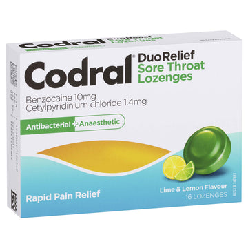 Codral DuoRelief Sore Throat Lozenges Antibacterial Anaesthetic Lemon Lime 16 Pk