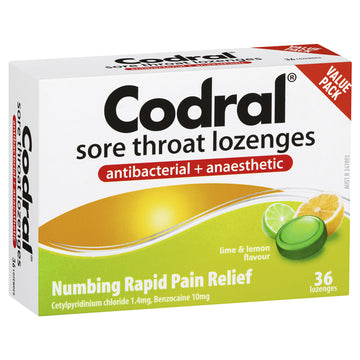 Codral DuoRelief Sore Throat Lozenges Antibacterial Anaesthetic Lemon Lime 36 Pk