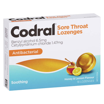 Codral Sore Throat Lozenges Antibacterial Soothing Honey & Lemon Flavour 16 Pack