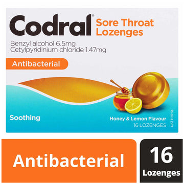 Codral Sore Throat Lozenges Antibacterial Soothing Honey & Lemon Flavour 16 Pack