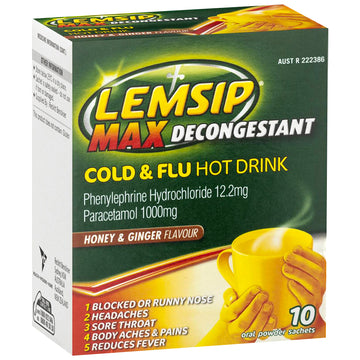 Lemsip Max Decongestant Cold & Flu Relief Honey & Ginger Powder Hot Drink 10 Pk