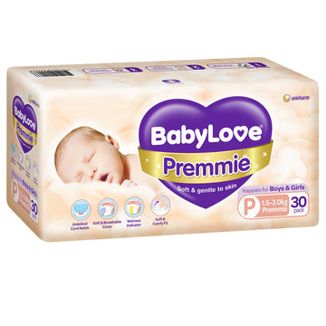 Babylove Premmie Infant Nappies 1.5-3Kg Unisex Soft Disposable Nappy Pad 30 Pack