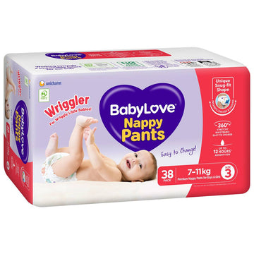 Babylove Nappy Pants Size 3 Wriggler 7-11Kg Unisex Soft Nappies Pads 38 Pack