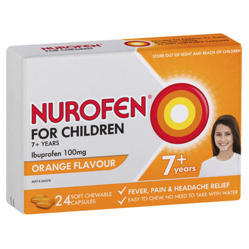 Nurofen For Children 7+ Years Chewable Capsules Orange Ibuprofen Fever 24 Pack