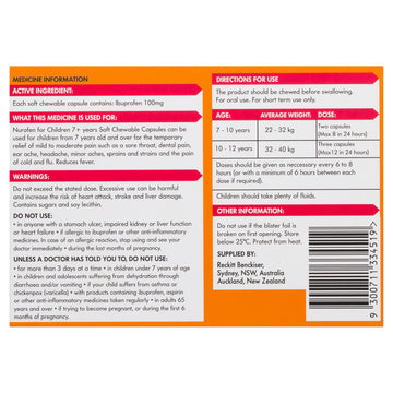 Nurofen For Children 7+ Years Chewable Capsules Orange Ibuprofen Fever 12 Pack