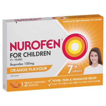 Nurofen For Children 7+ Years Chewable Capsules Orange Ibuprofen Fever 12 Pack