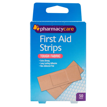 Pharmacy Care First Aid Strips Tough Fabric Bandages Plaster Dressings 50 Pack