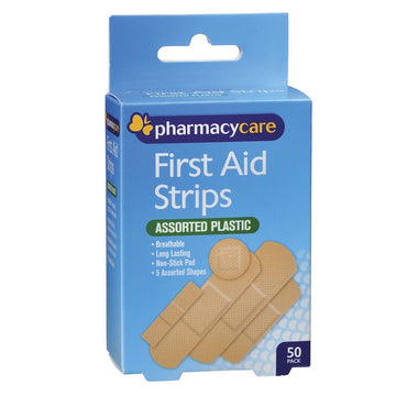 Pharmacy Care First Aid Strips Plastic Bandage Gauze Dressings 50 Pack Assorted