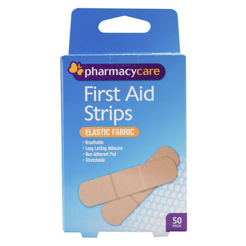 Pharmacy Care First Aid Strips Elastic Fabric Bandages Gauze Dressings 50 Pack