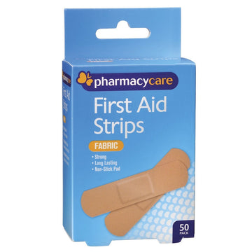 Pharmacy Care First Aid Strips Fabric Standard Bandages Gauze Dressings 50 Pack