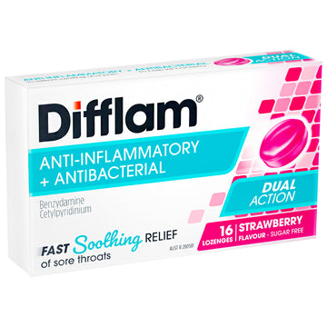 Difflam Sugar Free Strawberry 16 Lozenges Rapid Numbing Sore Throat Pain Relief