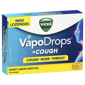 Vicks Vapo Drops+Cough Honey Lemon Menthol Lozenges Relieves Sore Throat 16 Pack