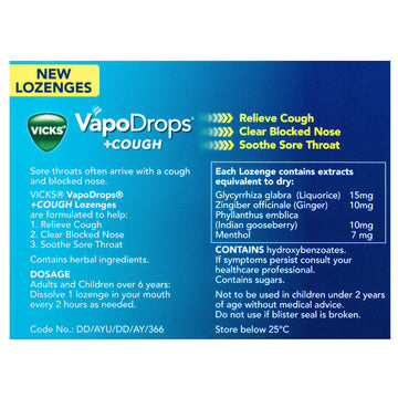 Vicks Vapo Drops+Cough Honey Lemon Menthol Lozenges Relieves Sore Throat 16 Pack