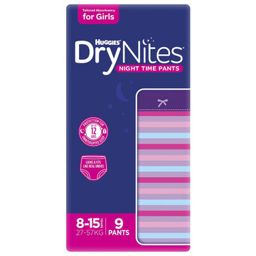Huggies Drynites Night Time Pants 8-15 Years Girls Pyjama Nappies Pads 9 Pack