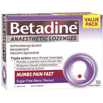 Betadine Anaesthetic Lozenges Sore Throat Relief Numb Pain Berry Flavour 36 Pack
