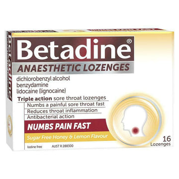 Betadine Anaesthetic Lozenges Sore Throat Relief Numb Pain Honey & Lemon 16 Pack