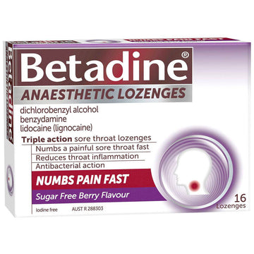 Betadine Anaesthetic Lozenges Sore Throat Relief Numb Pain Berry Flavour 16 Pack