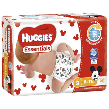 Huggies Essentials Nappies Size 3 Crawler 6-11Kg Disposable Nappy Pads 52 Pack