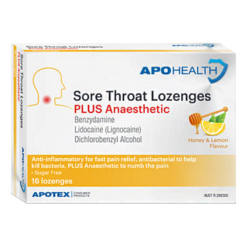 ApoHealth Sore Throat Lozenges Plus Anaesthetic Honey & Lemon Flavour 16 Pack