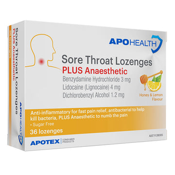 ApoHealth Sore Throat Lozenges Plus Anaesthetic Honey & Lemon Flavour 36 Pack