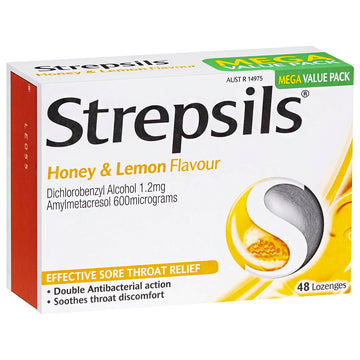 Strepsils Honey & Lemon 48 Lozenges Soothes Sore Throat Pain Relief Treatment