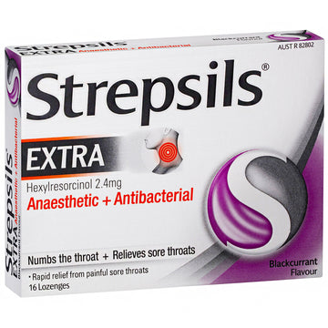 Strepsils Extra Blackcurrant 16 Lozenges Rapid Sore Throat Pain Relief Treatment