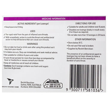 Strepsils Extra Blackcurrant 16 Lozenges Rapid Sore Throat Pain Relief Treatment
