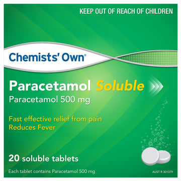 Chemists Own Paracetamol Soluble Pain Fever Relief 20 Effervescent Tablets 500Mg