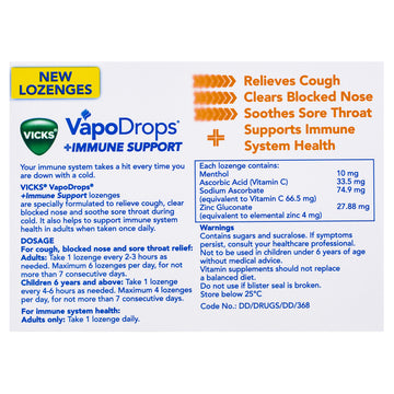 Vicks VapoDrops Immune Support Orange 16 Lozenges Relieves Sore Throat Cough