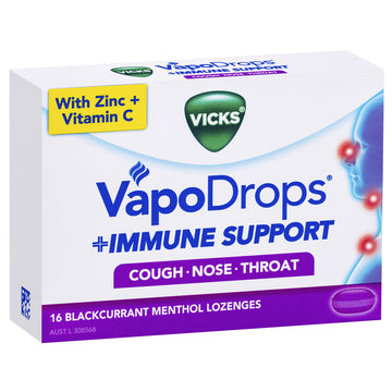 Vicks VapoDrops Immune Support Blackcurrant Menthol 16 Lozenges Sore Throat