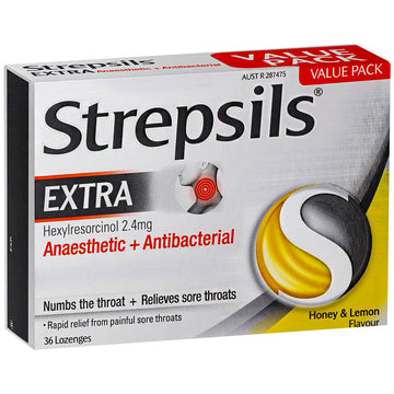 Strepsils Extra Honey & Lemon 36 Lozenges Rapid Numb Sore Throat Pain Relief