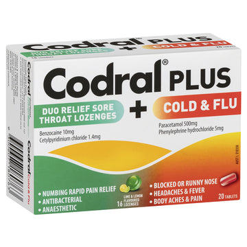 Codral Plus Duo Relief Sore Throat 16 Lozenges With Cold & Flu Tablets 20 Pack