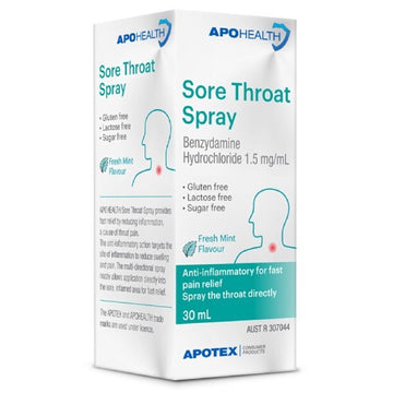 Apohealth Sore Throat Spray Anti-inflammatory Pain Relief Fresh Mint 1.5mg 30mL