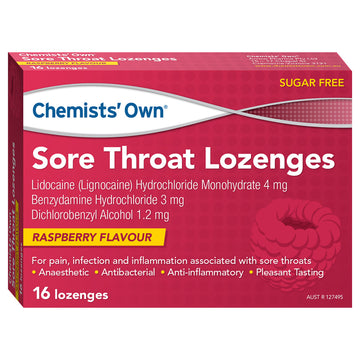 Chemists Own Sore Throat Lozenges Antibacterial Anaesthetic Raspberry 16 Pack
