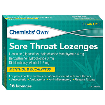 Chemists Own Sore Throat Lozenges Menthol & Eucalyptus Antibacterial 16 Pack