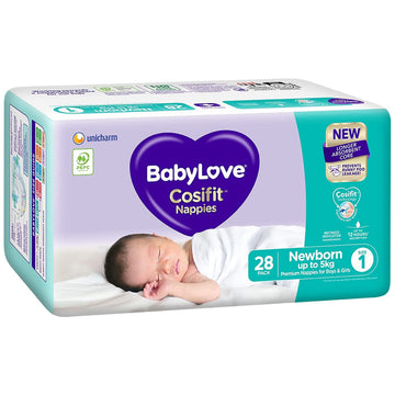 Babylove Cosifit Nappies Size 1 Newborn Up To 5Kg Unisex Baby Nappy Pads 28 Pack