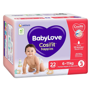 Babylove Cosifit Nappies Size 3 Crawler 6-11Kg Unisex Disposable Nappy 22 Pack