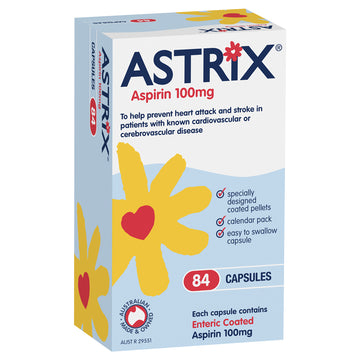 Astrix Aspirin 100mg 84 Capsules Enteric Coated Prevent Heart Attacks Strokes
