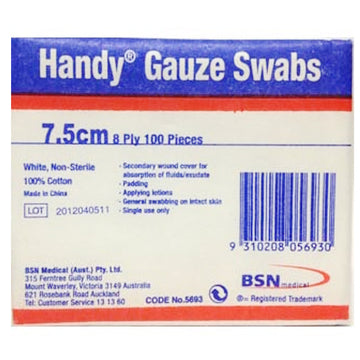 Handy Gauze Swabs Non Sterile Wound Dressings 100 Pack White 7.5Cm First Aid