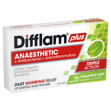 Difflam Plus Anaesthetic Sore Throat Lozenges Pineapple Lime Sugar Free 16 Pack